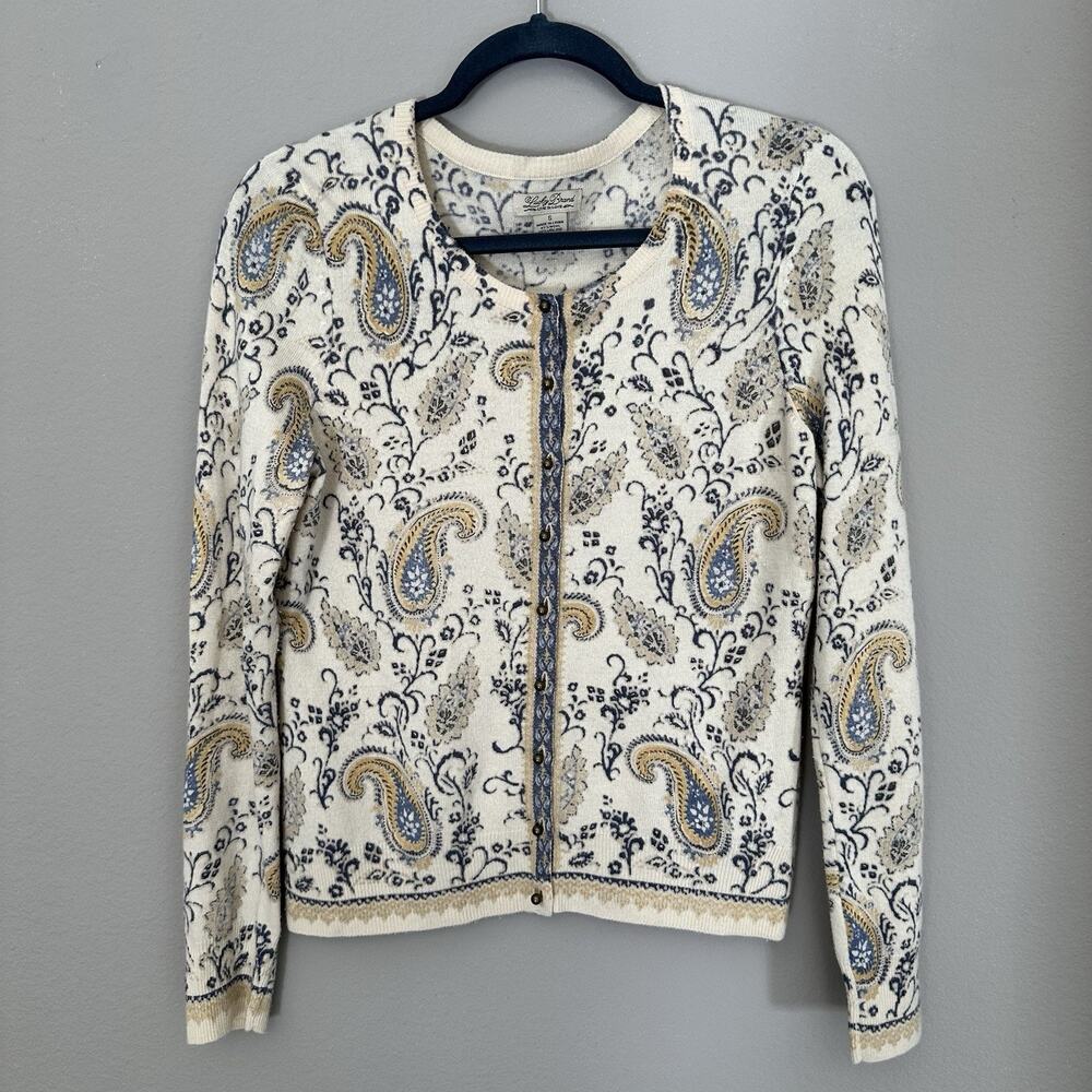 Lucky Brand Cream Paisley Wool Blend Cardigan Sweater Boho Cottagecore Preppy S